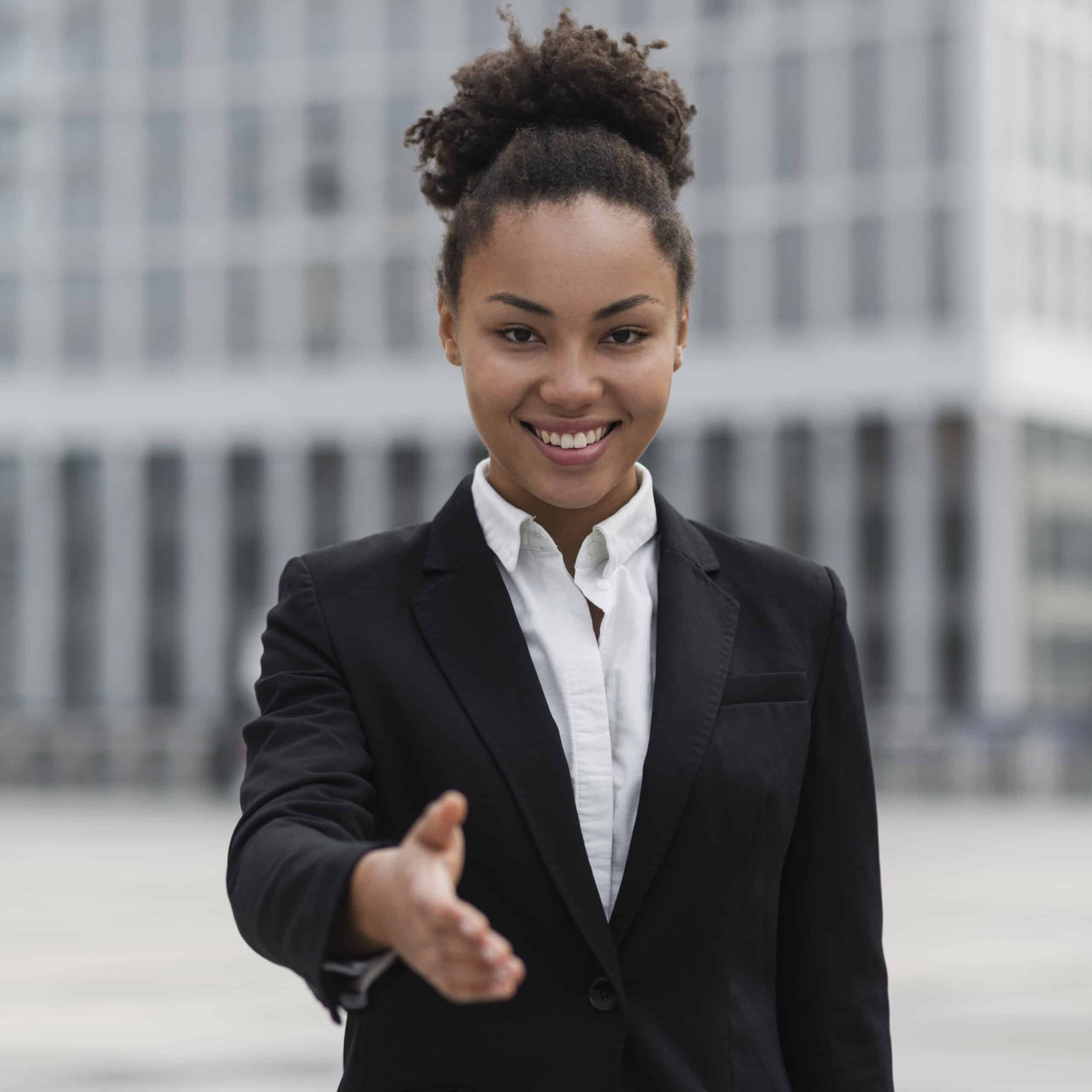 happy-business-woman-showing-hand